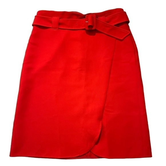 Halogen Daring Bright Red Wrap Midi A-Line Skirt with Large Buckle Belt Size 14 - Picture 10 of 10